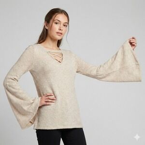 AMERICAN EAGLE M Bell Sleeve Lace Up V Neck Knit Sweater Cream Bohemian Soft